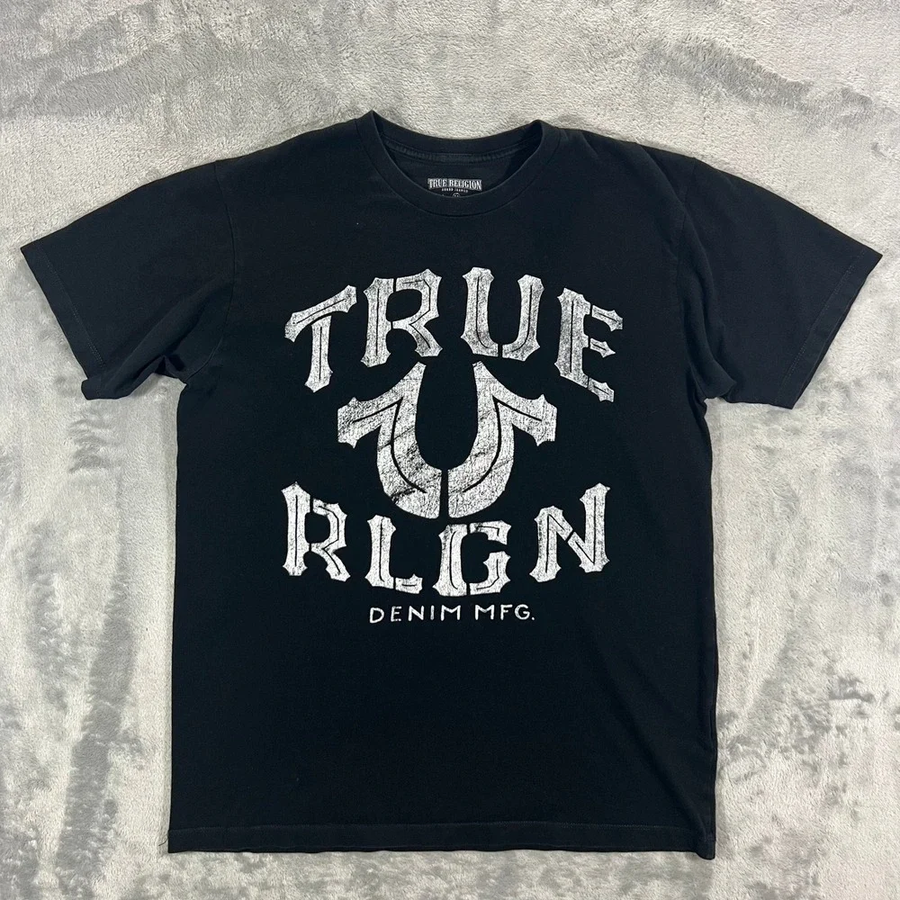 True Religion Graphic T-Shirt Mens Medium Black Excellent Horseshoe Logo Tee Y2K